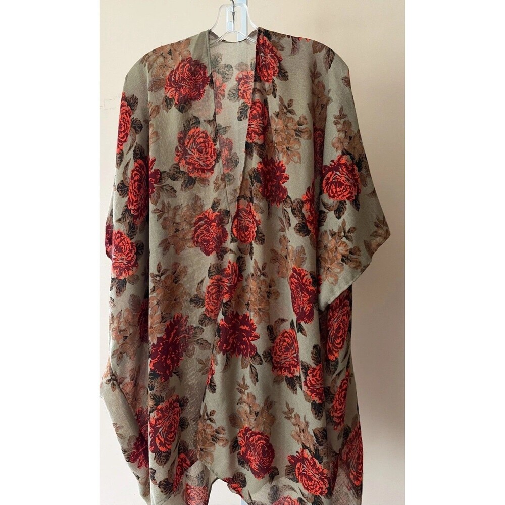 ONE SIZE red tan floral semi sheer long throw jacket GOLD COAST Flowy Kimono